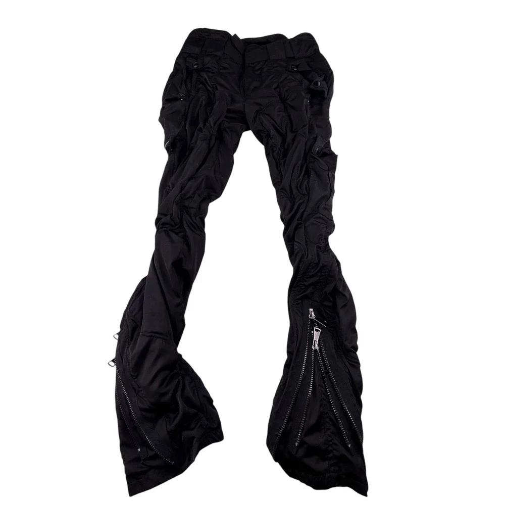 MNML Black Satin Wired Cargo Pants Mens Medium Ruched Tactical Techwear Zippers